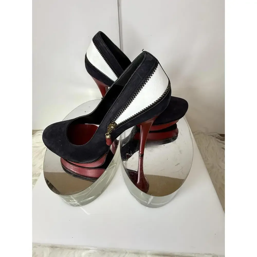 Merlier Blue Red White Suede Heels Womens Leather Sz 6.5 Red Sole High Fashion‎